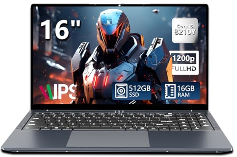 Ordenador Portátil de 16 pulgadas, portátil Core i5-8210Y procesador 16 GB RAM 512 GB SSD, Laptop FHD 1920 * 1080 con RJ45, tipo C, USB 3.0, Bluetooth 5.0, teclado digital retroiluminado PC portátil