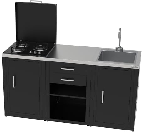 SOLEILUX Set cucina da esterno a gas 3 elementi con lavello, rubinetto e tagliere con 2 cassetti estraibili - struttura in acciaio e piano in acciaio inox - Nero