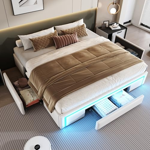 Aislinglen Doppelbett 180x200 cm mit Schubladen, Bettgestell mit LED-Lichtstreifen, PU-Leder Bett Ohne Kopfteil, Bettkasten mit Stauraum, Jugendbett mit Metall Lattenrost, Beige