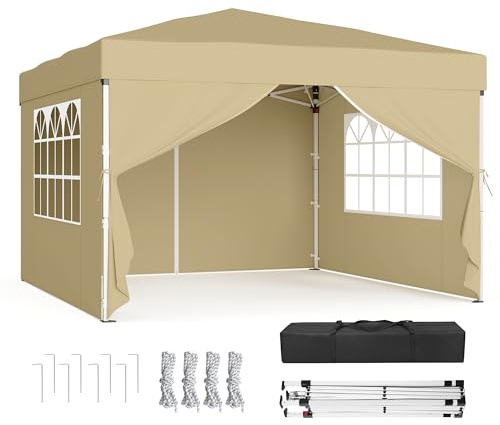 SONGMICS Cenador 3 x 3 m con Paneles Laterales, Carpa Plegable, Protección Solar, Resistente a Lluvia Ligera, Portátil, para Patio, Jardín, Mercadillo, Beige GCT104LZ01