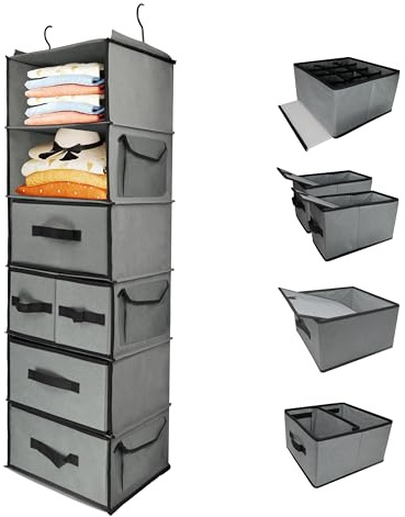 Folzaelar Durable Hanging Wardrobe Organiser with 5 Drawer & 3 Side Pocket,6-Tier Thickened Fabric Hanging Shelf Clothes Storage Holder Organization Space-Saving for Small Place,Closet,Bedroom,Dorm,RV
