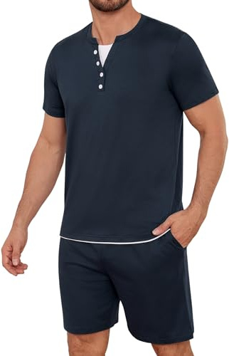 Jahetuul Pijama Corto Hombre Verano de Algodón 2 Piezas Cuello V Liso