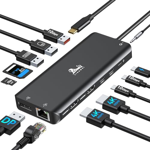 Estación de Acoplamiento USB C Docking Station Dos Monitores 13 en 1 Hub USB-C Triple Pantalla con 2 HDMI, DisplayPort, 5 USBC/A, Ethernet, 100W PD, SD/TF, Audio/micrófono para DELL HP Surface, Negro