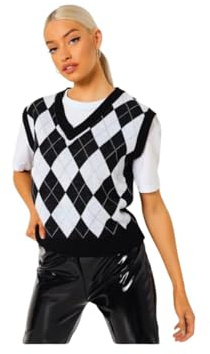 Womens Argyle Knitted V-Neck Sleeveless Pullover Sweater Vest, Ladies Diamond Pattern Tank Top, Soft Stretch Knit Top Sizes 8-22