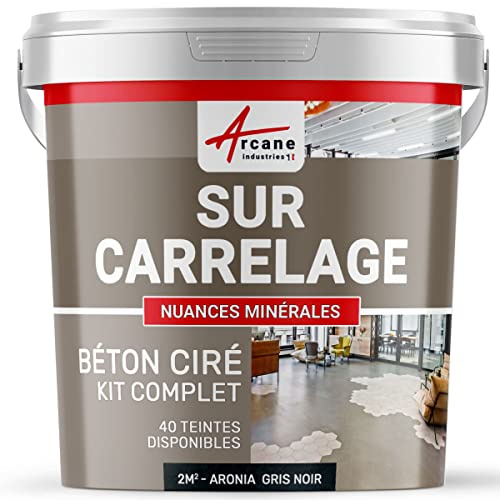 Béton ciré sur carrelage, cuisine, salle de bain, mural, sol, plan de travail, revêtement décoratif douche en kit - 2 m² (en 2 couches) Aronia Gris Noir - ARCANE INDUSTRIES
