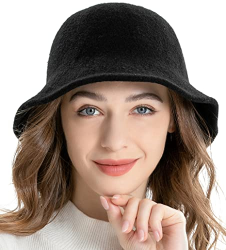 ZLYC Damen Winter Kuppel Wolle Fischerhüte England Stricken Warm Solide Fedora (Schwarz),Einheitsgröße
