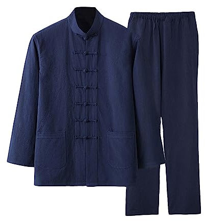 G-LIKE Herren Freizeitkleidung Chinesischer Anzug – Traditionelle Uniform Kampfkunst Trainingsanzug Langärmelig Stehkragen Jacke Hose Frühling Herbst Kleidung - Baumwolle Leinen (Dunkelblau, L)