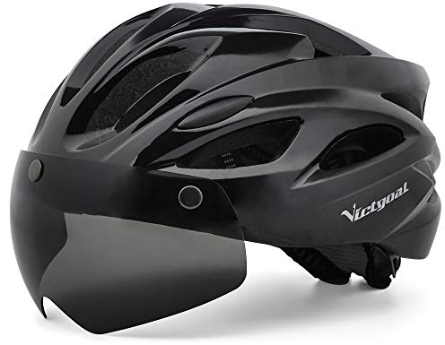 Victgoal Adults Bike Helmet for Men Women Detachable Magnetic Goggle Visor Bicycle Helmet with LED Rear Light Cycling Road Mountain Cycle Helmet (Black)
