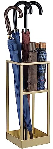 Umbrella Stand,Umbrella Holder for Entryway,20 Inch Tall Modern Brass Tone Metal Geometric Freestanding Entryway Umbrella Rack or Cane Holder with Shelf for Small Umbrellas and Bottom Drip Tray