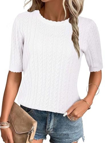 Arach&Cloz Pullover Damen Kurzarm Herbst Winter Herbst Strickpullover Stricken Shirt Casual Rundhals Bluse Tops(Weiß,XL)