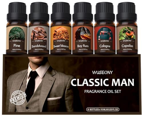 WUSEONY Classic Man Fragrance Oils Set, Mens Essential Oils Set - Pine, Sweet Tobacco, Bay Rum, Cologne, Copaiba, Sandalwood Candle Scents for Candle Making, Soap Making Supplies, Diffuser Oil Scents