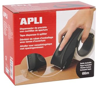 APLI 19647 - Dispensador 2 en 1 de cinta de embalar con cuchillas de apertura, precintadora de mano con rollo incluido
