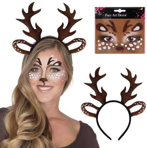 Corna Cervo Cerchietto, Cerchietto Renna Natale Orecchie di Cervo Tatuaggio viso di Cervo per Feste a Tema Carnevale, Natale, Mascherata (A, Taglia regolare)