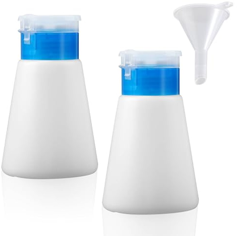 Funalix Dispenser pumpflaska, 2 stycken push down tomma rengöringsflaska av plast med 1 dispensertratt, flytande flaskbehållare för borttagare nagellacksborttagare (180 ml)