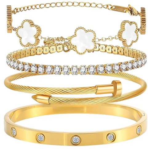 AUNEK Set de Pulseras y Brazaletes en Tono Dorado para Mujer, Pulseras Ajustables y Apilables con Cadenas, Detalles de Corazón y Hoja, Joyería Elegante, en Caja de Regalo