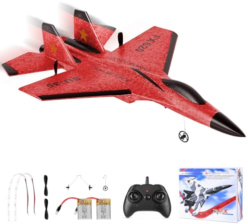 Jradse Avión RC 2,4 GHz, Avión de Control Remoto de 3 Ejes, Avión de Combate de Espuma 2 Canales con 2 Baterías y Luces LED, Fácil de Volar para Principiantes Niños Adultos, Rojo