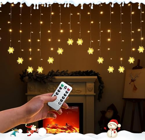 FemKey Rideau Lumineux Noël de Flocon de Neige, 2x1m Guirlande Lumineuse Noël Flocon de Neige 8 Modes, 104 LED Noel Guirlande Rideau Lumineuse IP44 pour Exterieur Interieur Chambre Fenetre Noel Déco