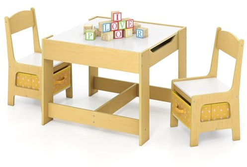 COSTWAY Tavolino Bambini 3 in 1, Set Tavolo e Sedie per Bambini con Lavagna Rimovibile e 2 Sedie con Cestini Portaoggetti, Scrivania Multiuso per Cameretta e Soggiorno (Giallo)