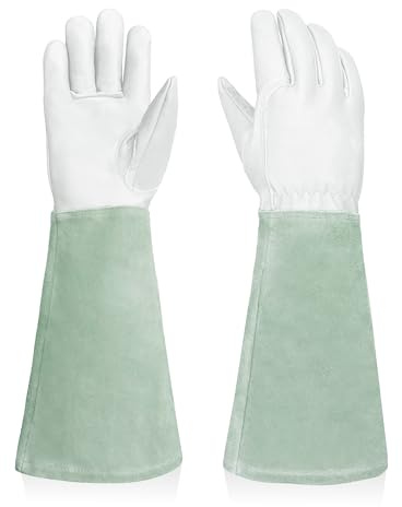 Intra-FIT Guanti da giardino in pelle, resistenti alle spine, con palmo in pelle di capra e risvolto in pelle bovina, per giardino, rose, arbusti e alberi da frutto (bianco, M)