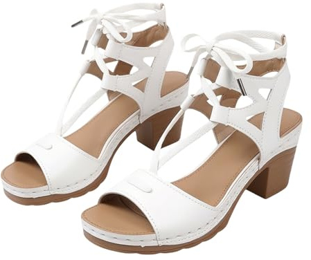 Sandaletter damer med blockklack, platåsandaler damer höga klackar elegant plattform sommarskor ankel wrap damskor hög klack sandalett korsade remmar romerska sandaler öppna fritidsskor, Vit, 42 EU