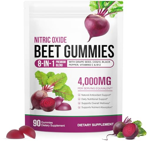 Gominolas de remolacha, 90 cuentas de goma de remolacha, vitamina B12, C, sin azúcar, extracto vegano de remolacha, polvo de remolacha natural, rico en vitaminas y minerales, sin OGM