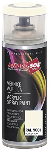AMBRO-SOL - Pintura acrílica en spray, color Blanco Crema, RAL 9001, resultado profesional en múltiples superficies, exteriores e interiores, 400 ml, El embalaje puede variar