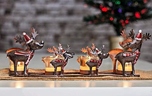 HomeZone Christmas Reindeer Votive Tealight Candle Holder - Rustic Metal Reindeer and 4x Glass Tealight Candle Holder - Festive Gift Xmas Table Centrepiece Rudolf Santa Candle Light Decor