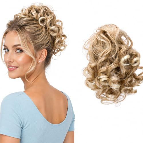 CAISHA Jumbo Synthetic Curly Bun Hair Piece Extension Blond Mix G15L | Heat Resistant Chignon Updo Scrunchie Voluminous Messy Donut Accessories Elastic Band Bridal Weddings Party Top Knot Fake