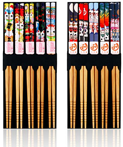 10paia Bacchette di bambù Naturale Cinesi, Antiscivolo Bacchette Giapponesi, 9 Pollici Simpatico Gatto Chopstick Riutilizzabile, Lavabili in lavastoviglie, Posate asiatiche per Sushi Noodles