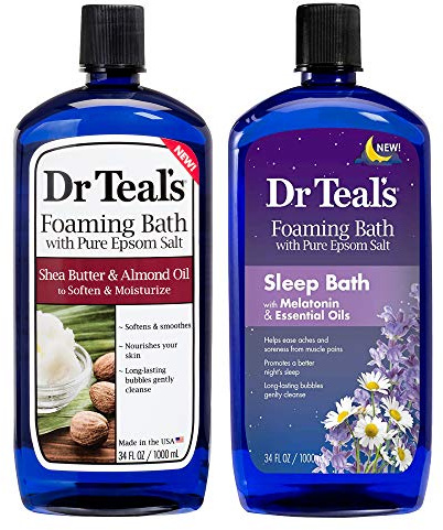 Dr. Teals Foaming Bath Variety Gift Set (2 Pack, 34oz Ea) Shea Butter & Almond Oil, Melatonin Sleep Bath - Essential Oils Blended with Pure Epsom Salt Eases Achy Muscles & Relieves Stress