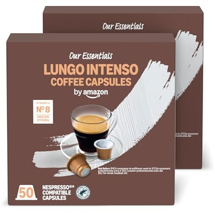 by Amazon Cápsulas de Café Lungo Intenso de Plástico Compatibles con Nespresso, Tostado Medio, 100 Unidades (2 Paquetes de 50), Certificadas por Rainforest Alliance