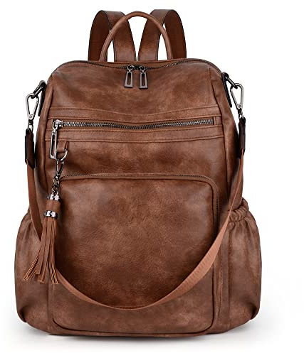 UTO Backpack Womens Travel Bag Multi Compartments fits 14 Inches Laptop Vegan Leather Brown