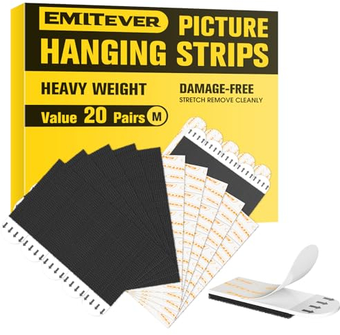 Emitever Picture Hanging Strips Heavy Duty 20 Pairs (40 Piecess), No Damage Picture Adhesive Strips, Hook and Loop Mounting Tape Black (M)