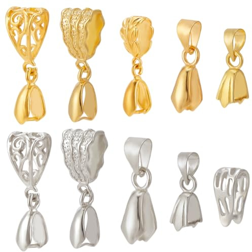SUNNYCLUE 1 Box 40Pcs Pinch Bails Filigree Pinch Bail Golden Silver Brass Pendant Connector Ice Pick Pinch Bail Rack Plating jewellery Clasp Snap Bails for jewellery Clasps DIY Necklace Craft Supplies