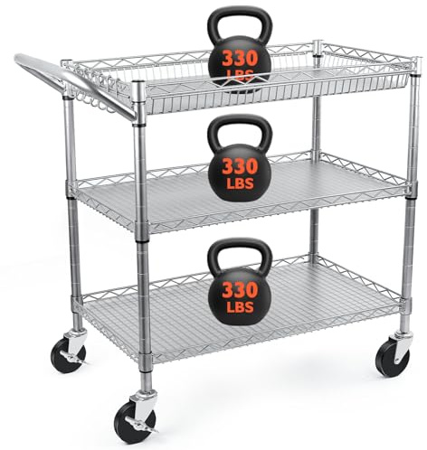BolDuck Heavy Duty Utility Cart, 990Lbs Capacity 3 Tier Rolling Carts with Wheels, Kitchen Cart on Wheels with Storage, Commercial Grade Metal Serving Carts with Wire Shelving &Handle Bar, Silver