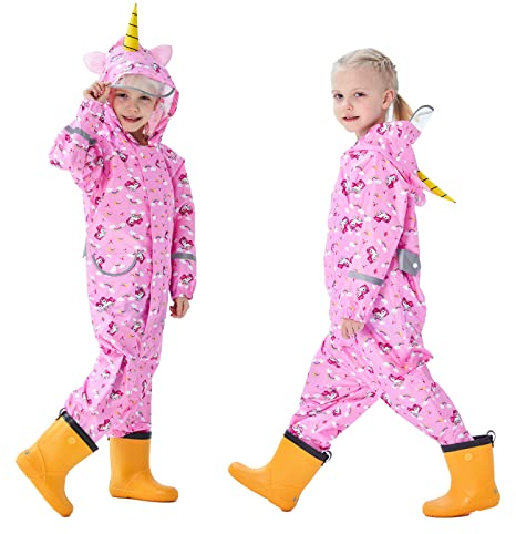 Hovkib Kinder Regenanzug Jungen Mädchen Einteiliger Regenmantel Atmungsaktiver Wasserdichter Overall Regenjacken Kleinkind Regenponcho Reißverschluss Schlammanzug 7-9 Jahre