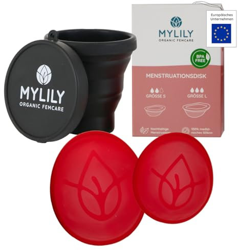 MYLILY® Menstruations Disk im 2er-Set und Reinigungs-Case | Menstruationsscheiben S und L und Reinigungsbecher Schwarz Bundle | wiederverwendbar I Set