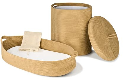 ECOADE BUNDLE: Baby Changing Basket with Cotton Rope Laundry Basket – Baby Moses Basket Changing Table Topper with Extra Large Capacity Hamper for Storage with Mesh Drawstring Laundry Bag - CaramelTan