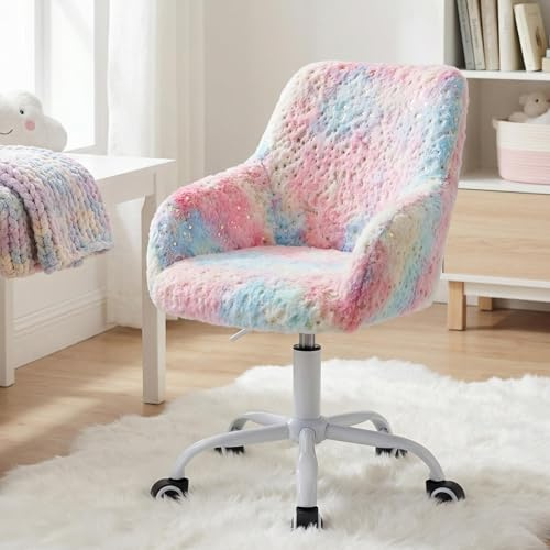 LukeAlon Kids Adjustable Desk Chair, Furry Study Chair with Swivel Base Cute Upholstered Faux Fur Reading Chair with Arms for Girls Children, Colorful