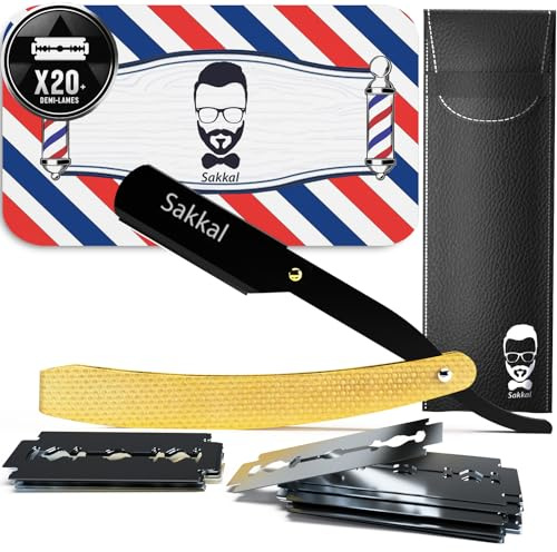 Navaja de Afeitar Hombre - Cuchilla de Afeitar de Barbero - Faca de Barbear Profesional - 20 Medias Cuchillas Dobles con Estuche de Cuero | Kit de Afeitado Clásico para Barba y Bigote (Oro)