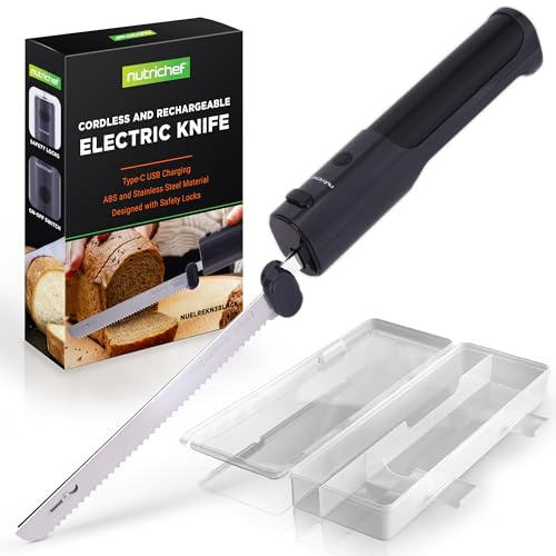 NutriChef Couteau Électrique de Cuisine – Couteau à Découper pour Viande, Volaille, Pain et Fromage, Lames en Acier, Modèle Sans Fil, Bouton Sécurité ON/OFF, Noir