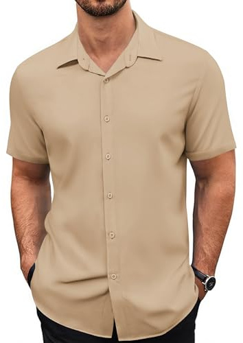 Coofandy - Camisa de manga corta para hombre, camisa de verano, camisa de playa, camisas casuales, corte regular, beige, S