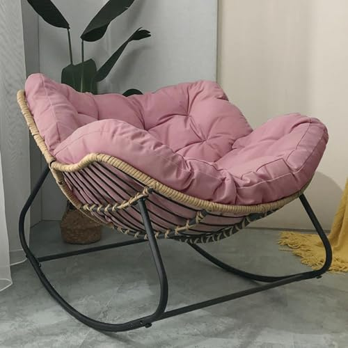 Patio Rocking Chair Outdoor Papasan Chair with Cushion Padded, Indoor Oversized Rattan Wicker Lounge Chair, Egg Rocking Chair Rocker Chair Metal Frame Large Supports Modern Chair (Pink)