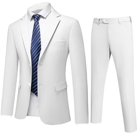 MOGU Suit for Men, Solid Color Fit Formal 2 Piece Dress Tuxedo Set with Jacket, Pants, Tie (X-Large, White)