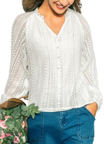 CUPSHE Blusa de encaje de manga larga para mujer, elegante, cuello en V, algodón, botones frontales, cuello con volantes, camisa de punto casual, blanco, L
