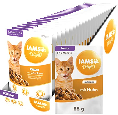 IAMS Delights Kitten Nassfutter - Multipack Katzenfutter mit Huhn in Sauce, hochwertiges Futter für Junior Kätzchen von 1-12 Monate, 24 x 85g