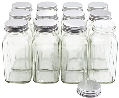 U-Pack 12 pieces of French Square Glass Spice Bottles 6 oz Spice Jars with Silver Metal Lids, Shaker Tops, and Labels by U-Pack
