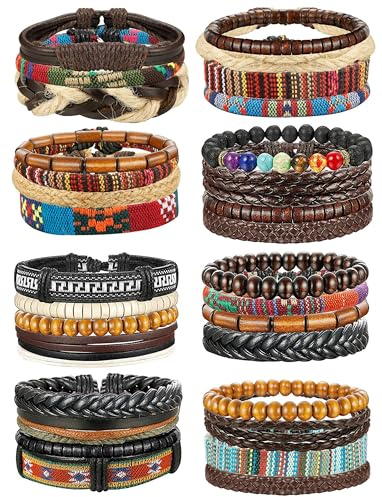 FIBO STEEL 31 Pcs Braided Leather Bracelets for Men Women Wooden Beads Cool Hemp Tribal Wristbands Cuff Punk Multilayered Bracelets