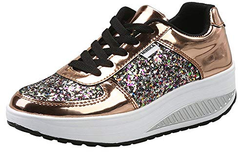 Dam kilklackade mode sneaker fuskläder plattformsskor gungsula promenadskor snörning fitnessskor, Glitter guld, 36.5 EU