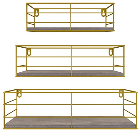 EYMPEU Wandregal 3er Set, Wandregal Holz mit Gold Metall, geeignet für Küchen Bäder Wohnräume Büro